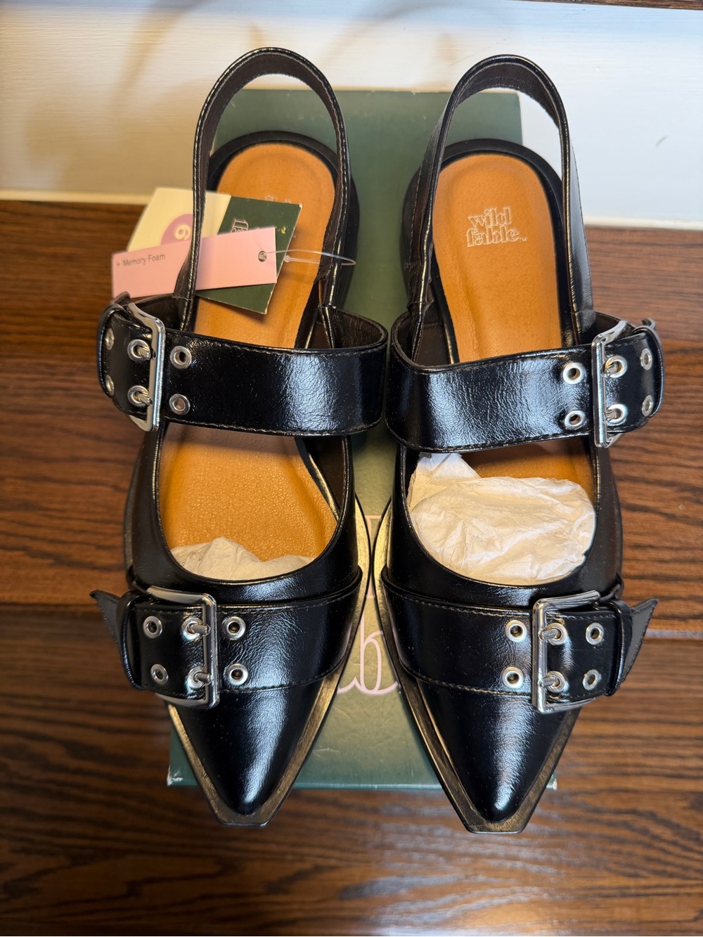 Women's Peyton Double Buckle Slingback Flats Black Sz. 6  1/2 NEW Wild Fable